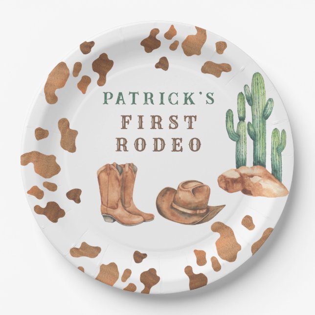 Cowboy Wild West 1st Rodeo Birthday Party Paper Plate (Front)