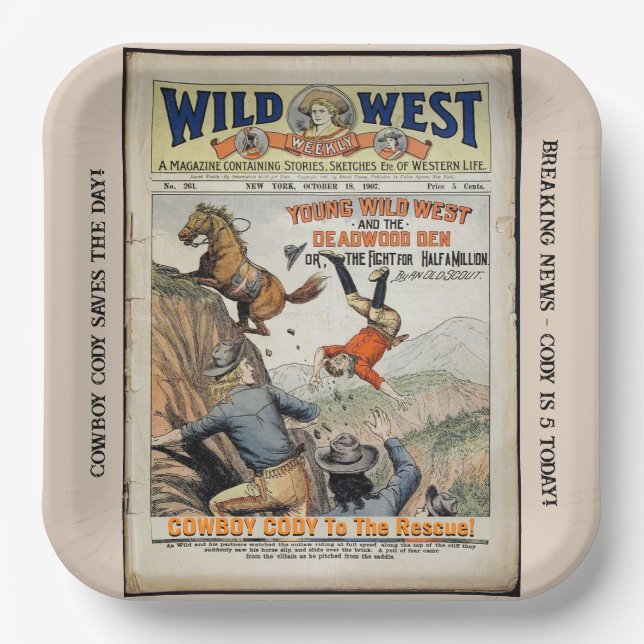 Cowboy Wild West Add Boy's Name Birthday Party Paper Plate (Front)