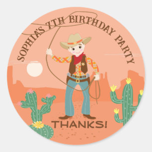 Cowboy with a lasso and cacti kids Birthday Party Classic Round Sticker