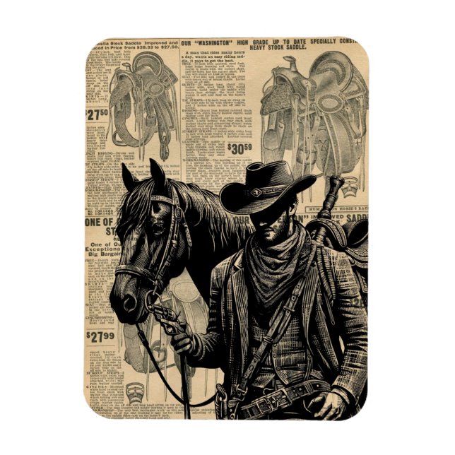 Cowboy with horse illustration western art magnet (Vertical)