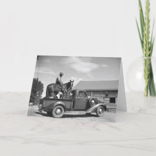Cowboy with horse in a truck card