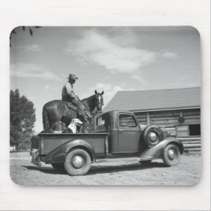 Cowboy with horse in a truck mouse mat