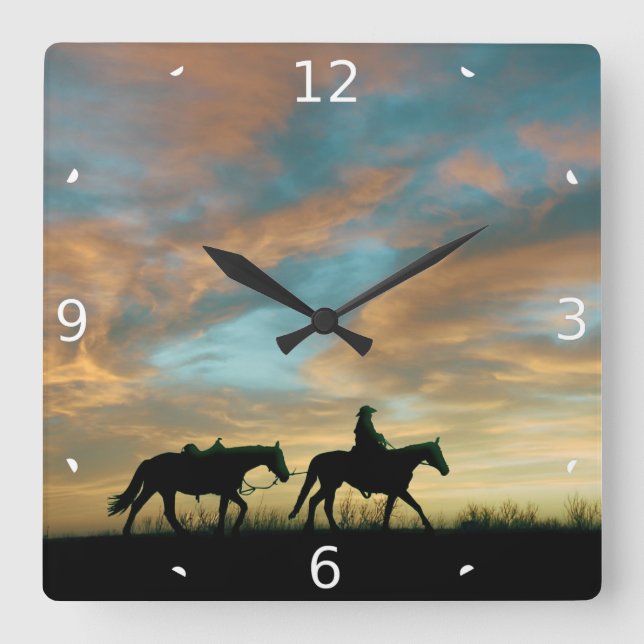 COWBOY WITH HORSE SQUARE WALL CLOCK (Front)