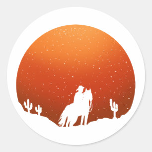 Cowboy with horse Wild West sunset landscape Classic Round Sticker