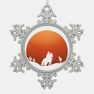 Cowboy with horse Wild West sunset landscape Snowflake Pewter Christmas Ornament