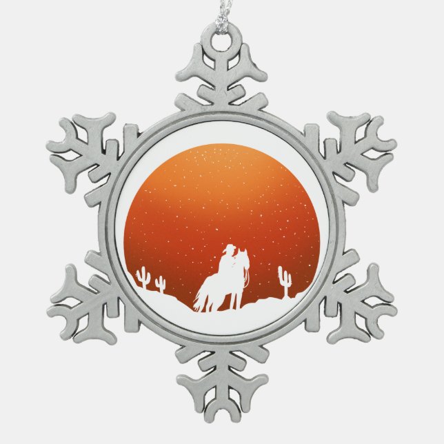 Cowboy with horse Wild West sunset landscape Snowflake Pewter Christmas Ornament (Front)