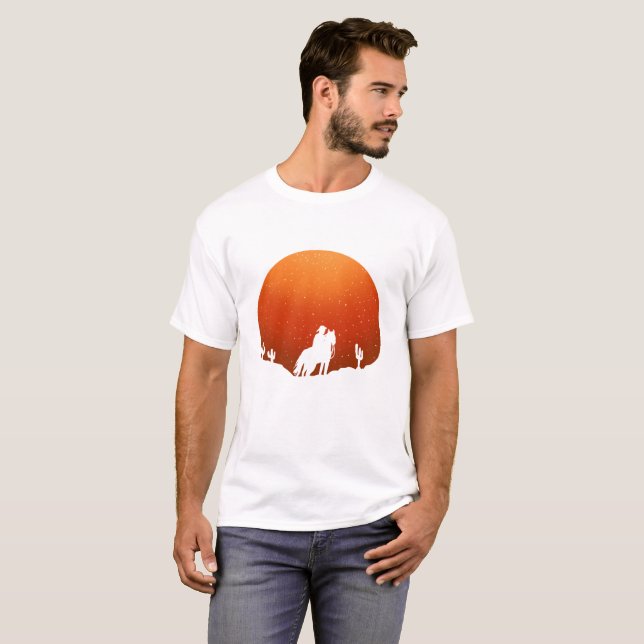 Cowboy with horse Wild West sunset landscape T-Shirt (Front Full)