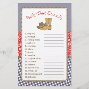 Cowboy Word Scramble Baby Shower Game Flyer
