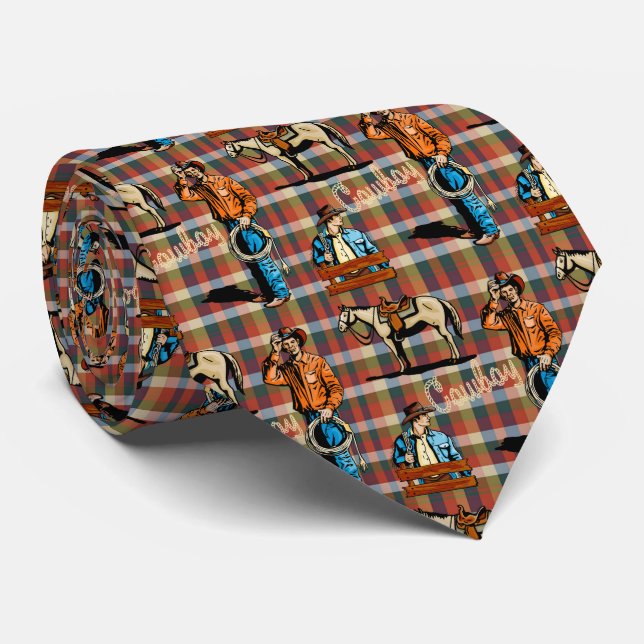 Cowboys and Horse On Plaid Tie (Rolled)