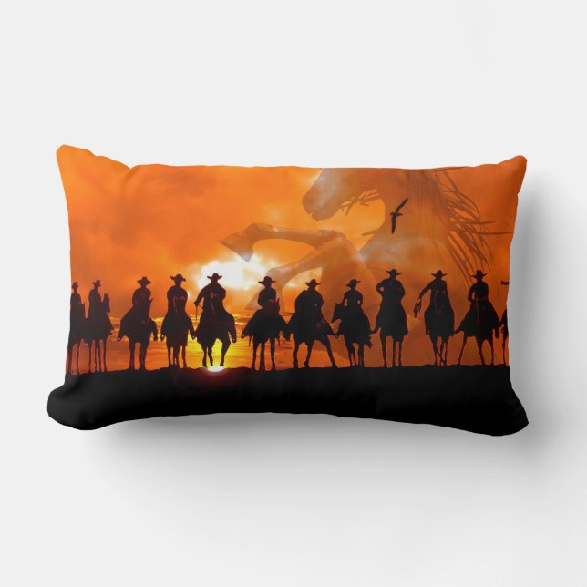 Cowboys at sunset western roundup American MoJo Pi Lumbar Cushion (Front)