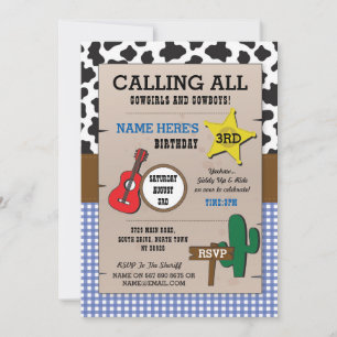 Cowboys Blue Check Birthday Sheriff Western Invite