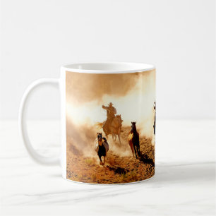 Cowboys chasing wilding horses. roping and riding, coffee mug