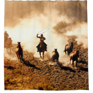 Cowboys chasing wilding horses. roping and riding, shower curtain