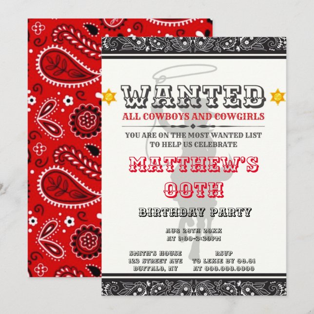Cowboys & Cowgirls Bandanna Birthday Party Invites (Front/Back)