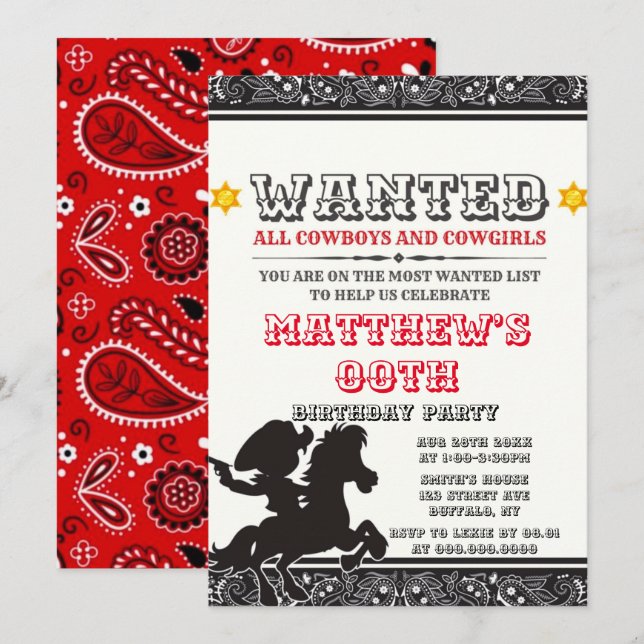 Cowboys & Cowgirls Bandanna Birthday Party Invites (Front/Back)
