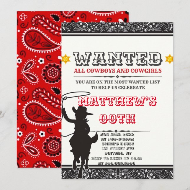 Cowboys & Cowgirls Bandanna Birthday Party Invites (Front/Back)