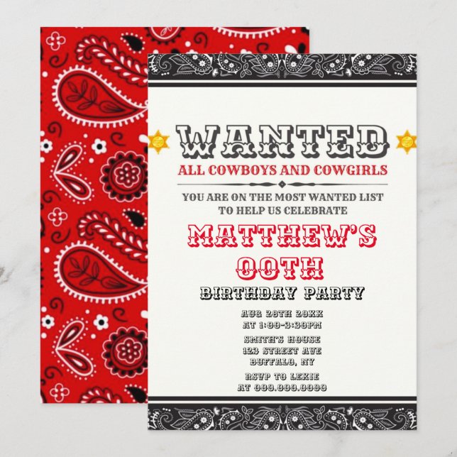 Cowboys & Cowgirls Bandanna Birthday Party Invites (Front/Back)