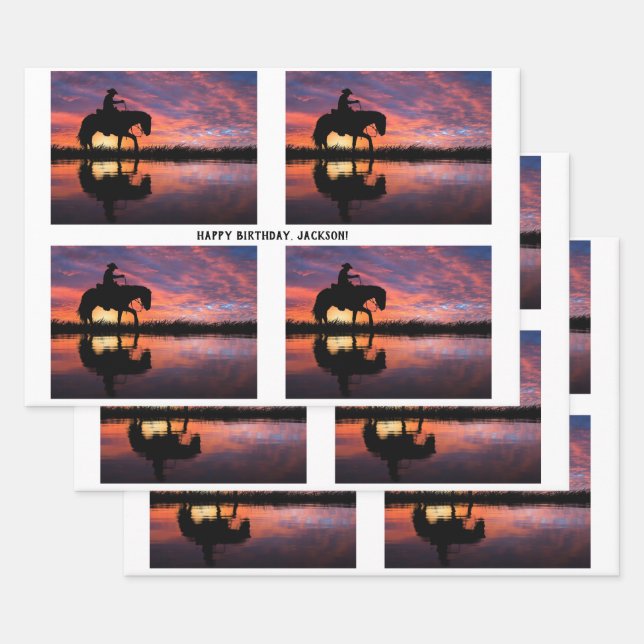 Cowboys on Horseback at Sunset Wrapping Paper Sheet (Set)