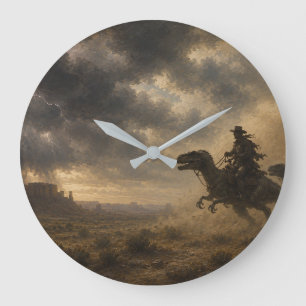Cowboys Riding Dinosaurs Through a Desert Storm Large Clock