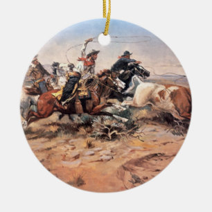 Cowboys roping a steer, 1897 (oil on canvas) ceramic tree decoration