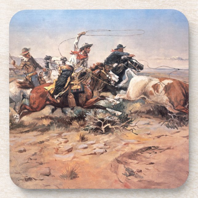 Cowboys roping a steer, 1897 (oil on canvas) coaster (Front)