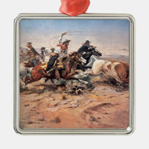 Cowboys roping a steer, 1897 (oil on canvas) metal tree decoration