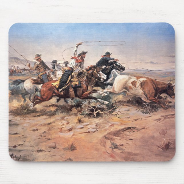 Cowboys roping a steer, 1897 (oil on canvas) mouse mat (Front)