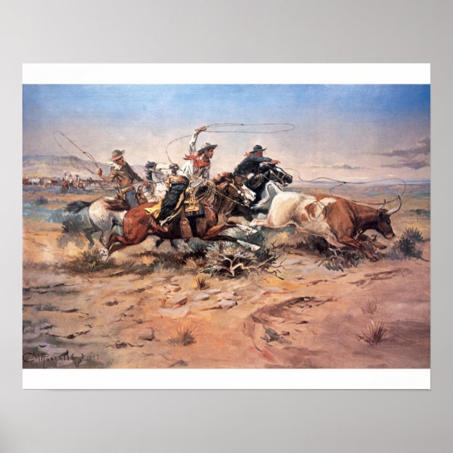 Cowboys roping a steer, 1897 (oil on canvas) poster (Front)