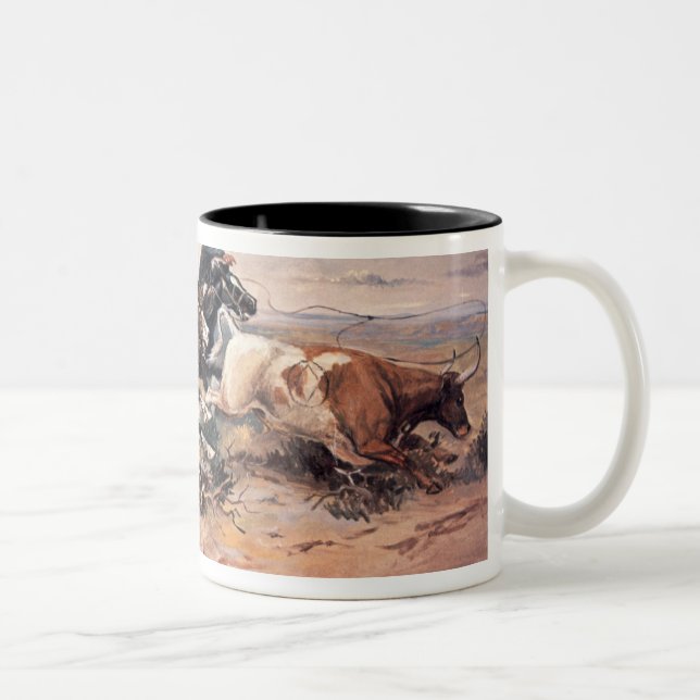 Cowboys roping a steer, 1897 (oil on canvas) Two-Tone coffee mug (Right)