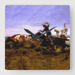 “Cowboys Roping a Steer” by Charles M Russell Square Wall Clock