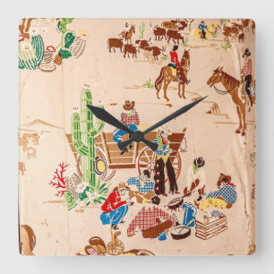 Cowboys - Vintage Wallpaper Square Wall Clock