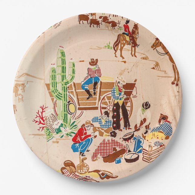 Cowboys - Vintage Wallpaper - Wild West Paper Plate (Front)