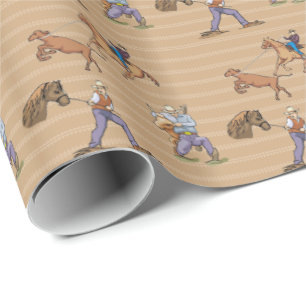 Cowboys Western Horses Steer Tan Gift Wrap