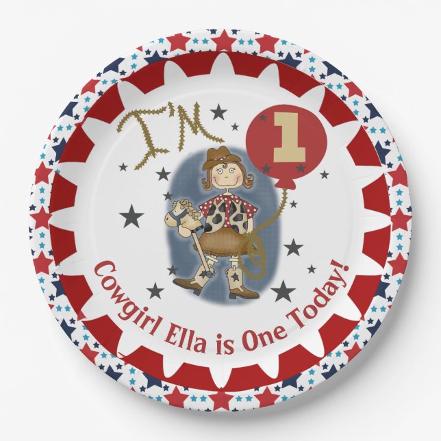Cowgirl 1st Happy Birthday Paper Plate (Front)