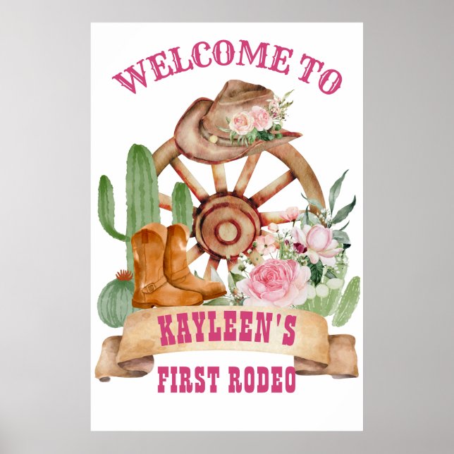 Cowgirl 1st rodeo horses farm party welcome sign (Front)