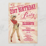 Cowgirl 21st Birthday Invitations<br><div class="desc">These cowgirl 21st birthday party invitations are pale pink with a retro old western style design. They feature a vintage cowgirl and raspberry red customisable text. The headline reads: "Saddle up and join us for a 21st birthday party".</div>