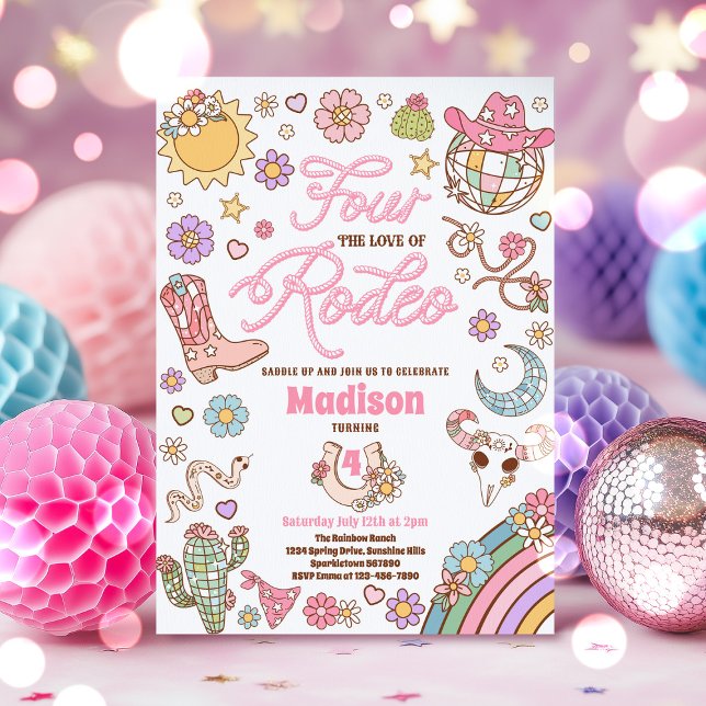 Cowgirl 4th Birthday Four The Love Of Rodeo Party Invitation (Creator Uploaded)