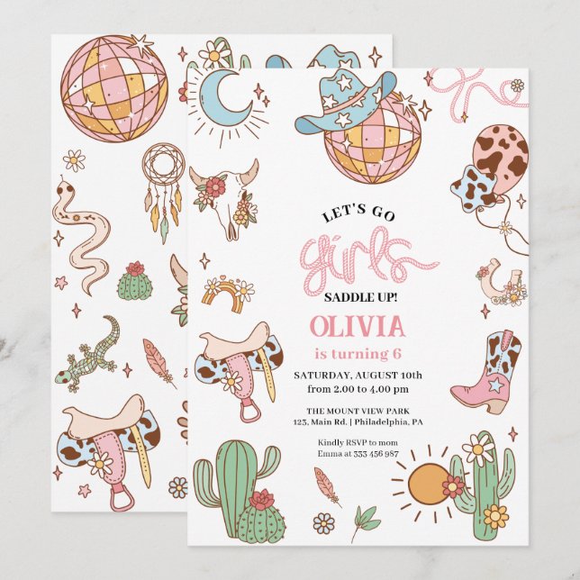 Cowgirl 6th Birthday Let's go girl Disco Save The Date (Front/Back)