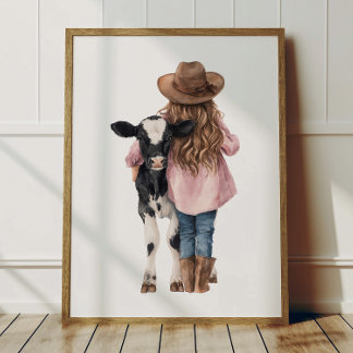 Cowgirl and Cow Poster Kids Western Room Decor