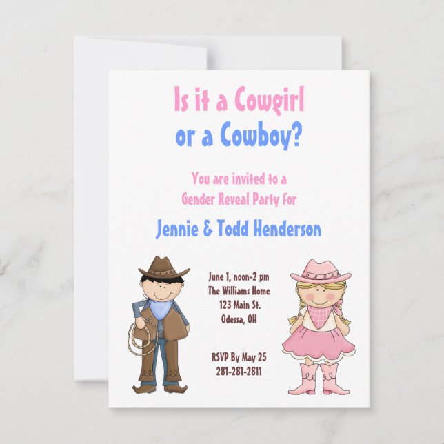 Cowgirl and Cowboy Gender Reveal Party Invitation (Front)