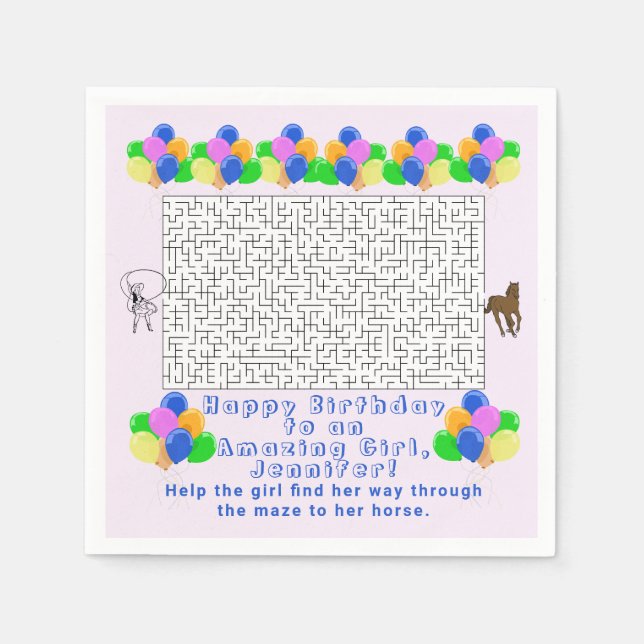 Cowgirl and Horse Birthday Maze Amazing Girl Pink Napkin (Front)