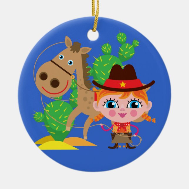 Cowgirl and Horse Ceramic Tree Decoration (Front)