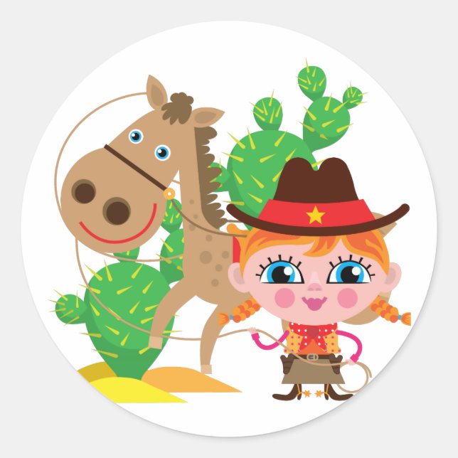 Cowgirl and Horse Classic Round Sticker (Front)