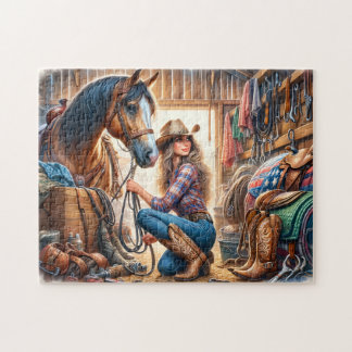 Cowgirl and Horse in Barn Stable at Ranch Jigsaw Puzzle