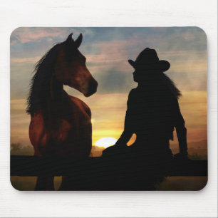 Cowgirl and Horse in the Sunset Mouse Pad