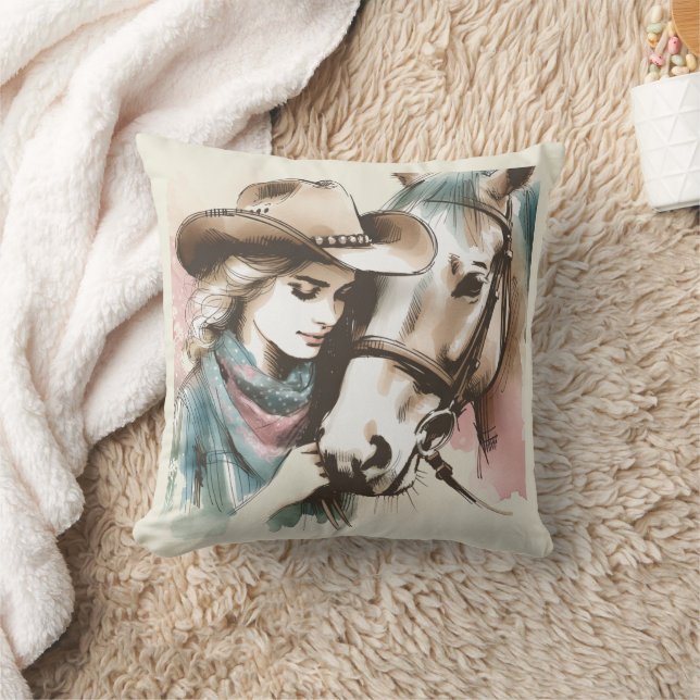 Cowgirl And Horse Pastel Watercolor Cushion (Blanket)