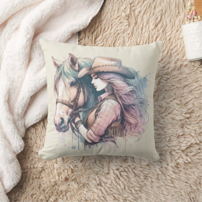 Cowgirl And Horse Pastel Watercolor Cushion (Blanket)