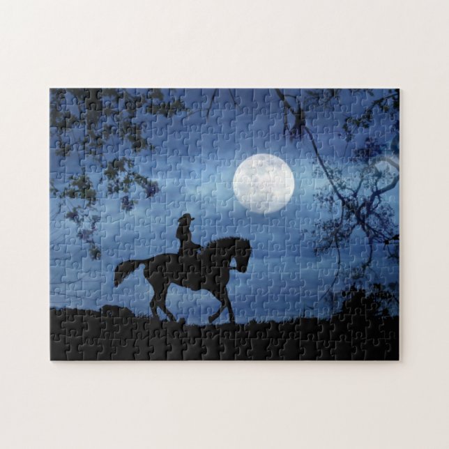 Cowgirl and Horse Riding in Moonlight Jigsaw Puzzle (Horizontal)