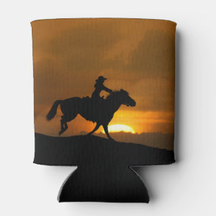 Cowgirl and Horse Riding in Sunset Can Cooler