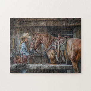 Cowgirl and Horse Rustic Western Ranch Jigsaw Puzzle